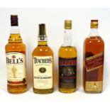 1 litre Bells Whisky 1 litre Johnnie Red Walker Duty Free 86.0 proof, 1 bottle Teacher?s