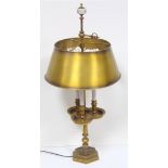 French style bronzed metal twin light table lamp with 3 simulated candles and shade, H 76cm