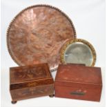 Victorian floral inlaid walnut workbox with a part fitted interior, W 28.5cm, pine box, teak vesta