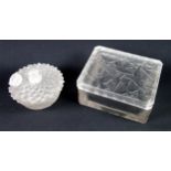 R Lalique rectangular glass box with canted corners and reeded rectangular and lozenge decoration,