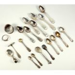 Four George IV silver Fiddle pattern teaspoons initialled ?W?, 3 George III teaspoons, salt spoon,