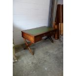 Good Spanish teak kneehole writing table with an inset gilt tooled leather brass bound top, 3