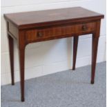 George III inlaid mahogany folding rectangular tea table, the top centred by a shell, with a drawer,