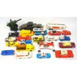 Assorted play worn vehicles to include a tinplate Fire Chief car, a Corgi Lunar Bug