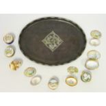 Eastern oval copper tray with inlaid silvered floral decoration and a two-tone rim, W 32.2cm,