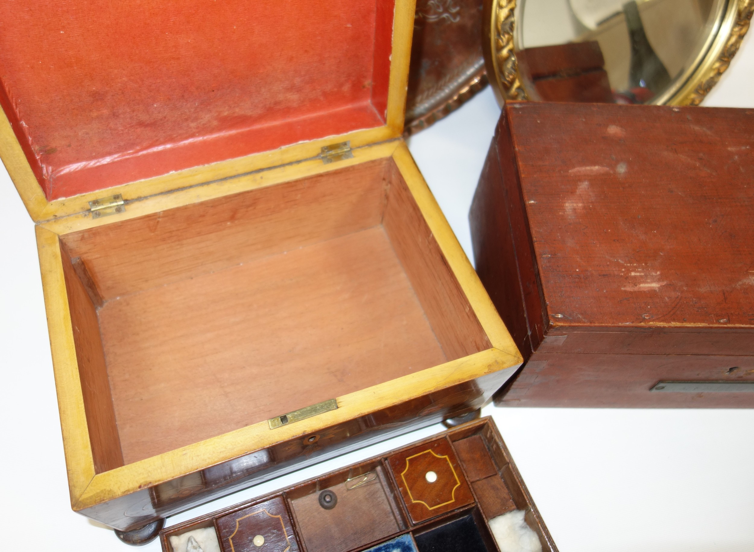 Victorian floral inlaid walnut workbox with a part fitted interior, W 28.5cm, pine box, teak vesta - Image 3 of 4