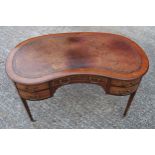Edwardian inlaid mahogany kidney shaped kneehole writing table with 5 drawers, on tapering legs