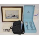 P&O Cruises vacuum flask set, cased, pair of Azura Dartington Glass champagne glasses, boxed, with