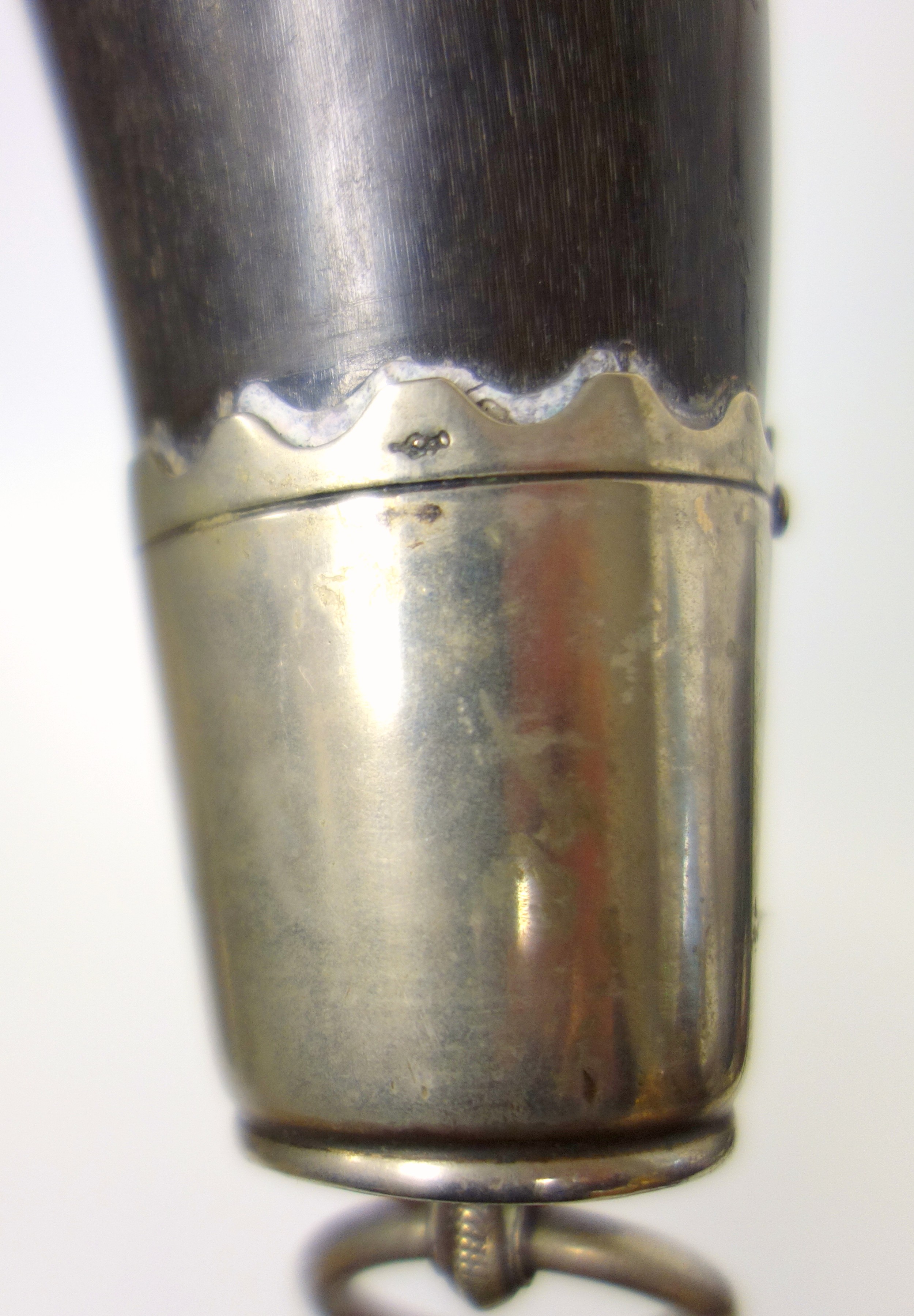 A Continental white metal mounted drinking horn, possibly German, bearing marks, 23 cm long - Image 5 of 6