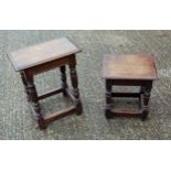17th century style elm joined stool with a rectangular seat, on baluster legs and stretchers , W