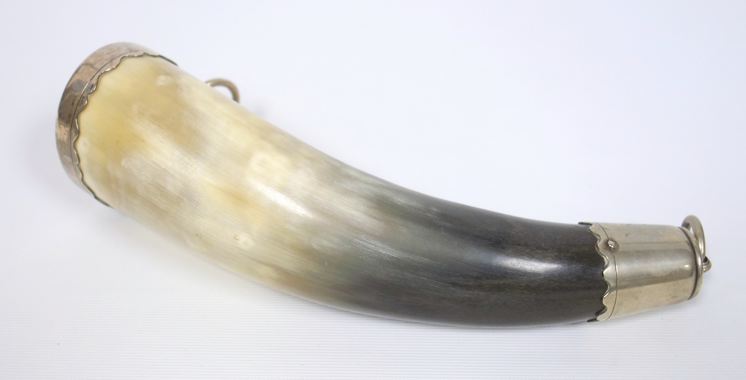 A Continental white metal mounted drinking horn, possibly German, bearing marks, 23 cm long - Image 3 of 6