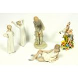 Lladro figure of a girl golfer, H 26.3cm, 3 Nao figures, and a porcelain group of a Marley Horse,