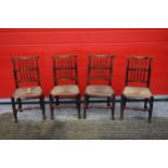 Set of 6 19th century Lancashire birch dining chairs, each with a spindle back, rush seat, on turned