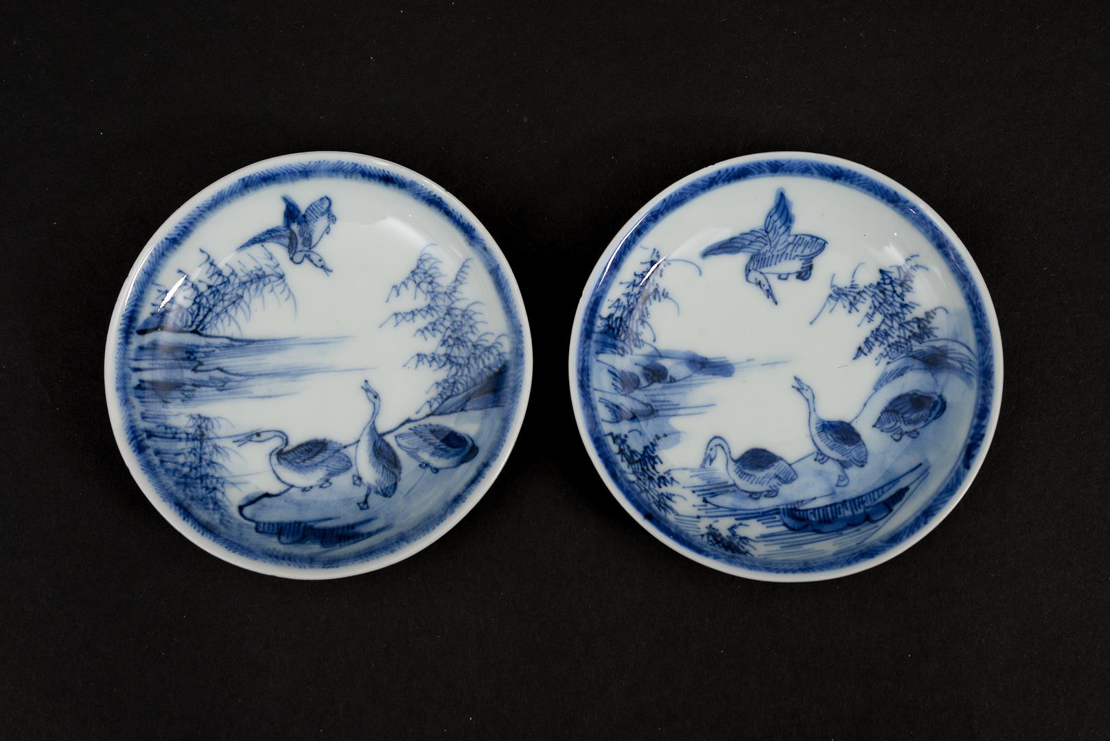 Lot of two pair blue and white porcelain cups and saucers. One pair decorated with geese and one - Image 9 of 12