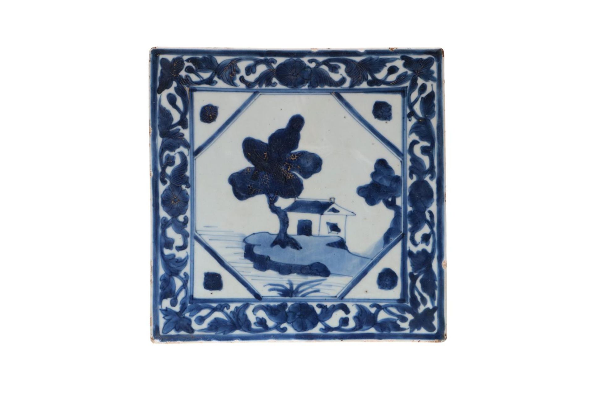 Lot of two blue and white porcelain tiles, 1) decorated with a river landscape and flowers. 2) - Bild 2 aus 6