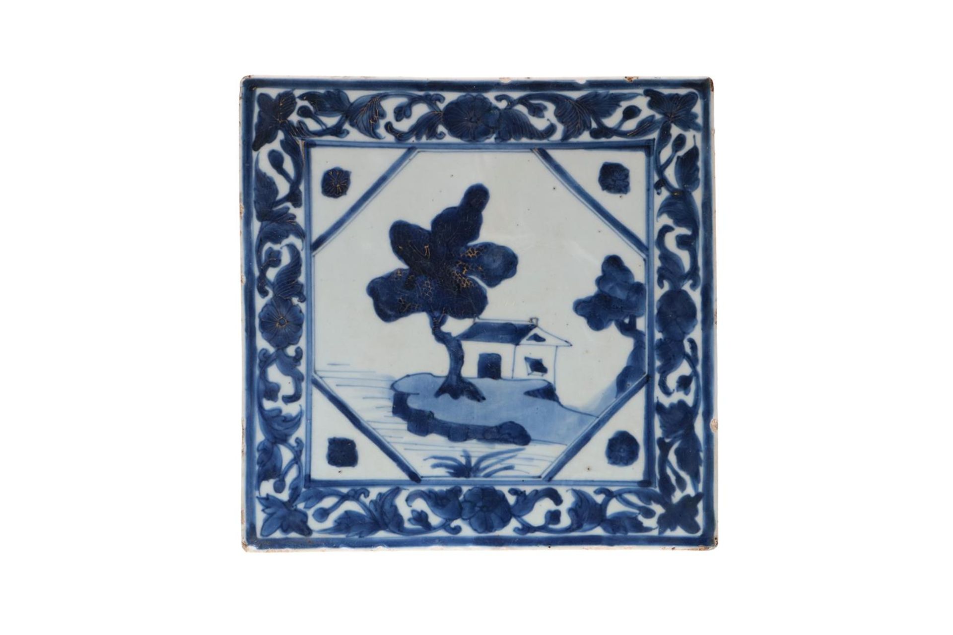 Lot of two blue and white porcelain tiles, 1) decorated with a river landscape and flowers. 2) - Image 2 of 6