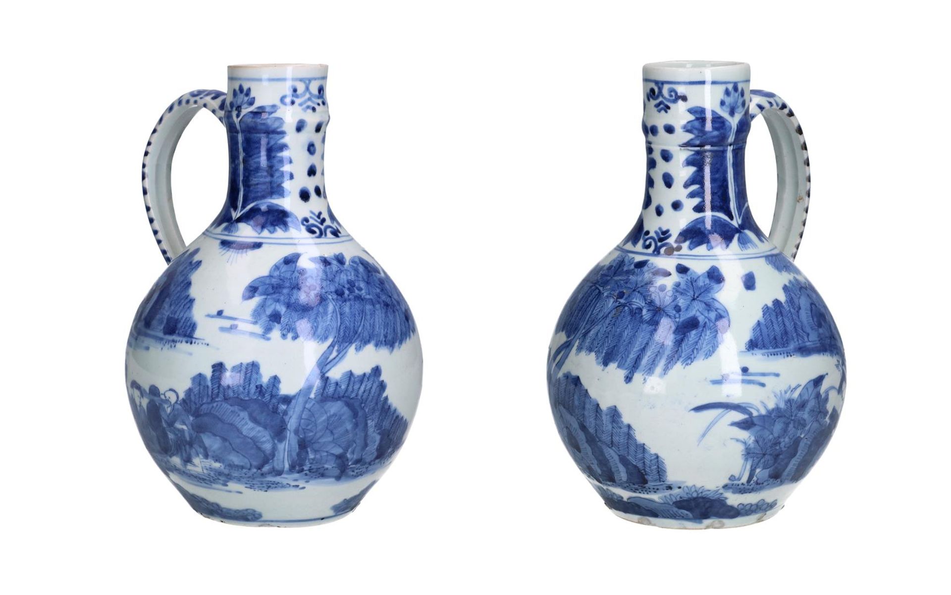 A pair of blue and white porcelain jugs with handle, decorated with figures on the waterfront.