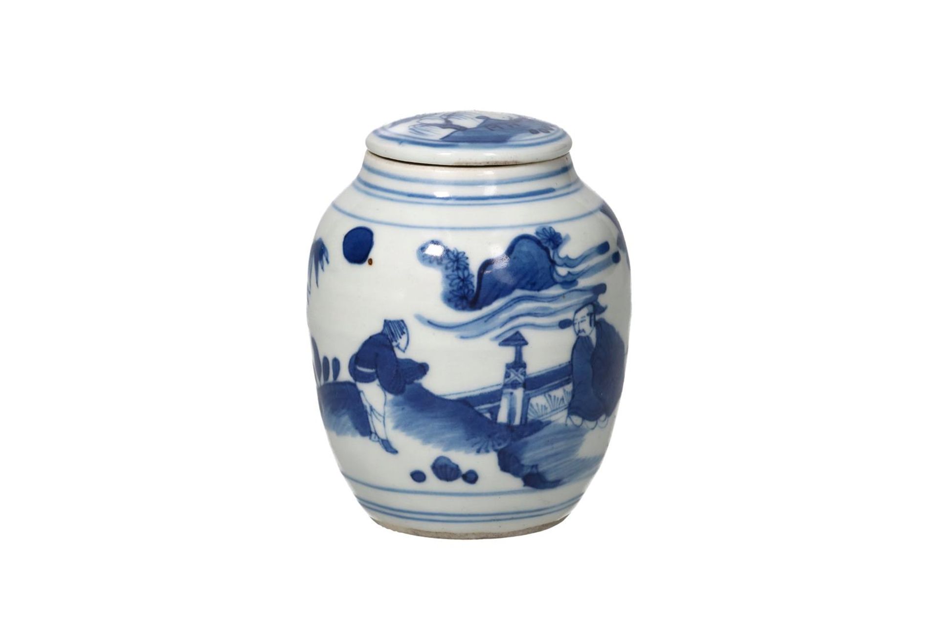 A blue and white porcelain jar with lid, decorated with a landscape with figures. Unmarked. China,