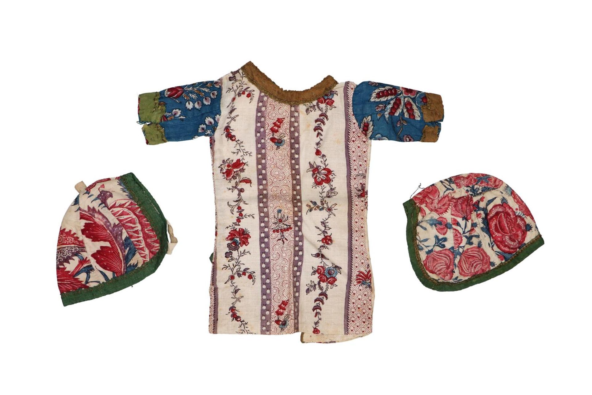 A set of Chintz, woodblock printed baby clothes consisting of a jacket and two hats. The - Image 4 of 4