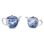 Two blue and white porcelain teapots, decorated with river landscapes, terraces and flowers.