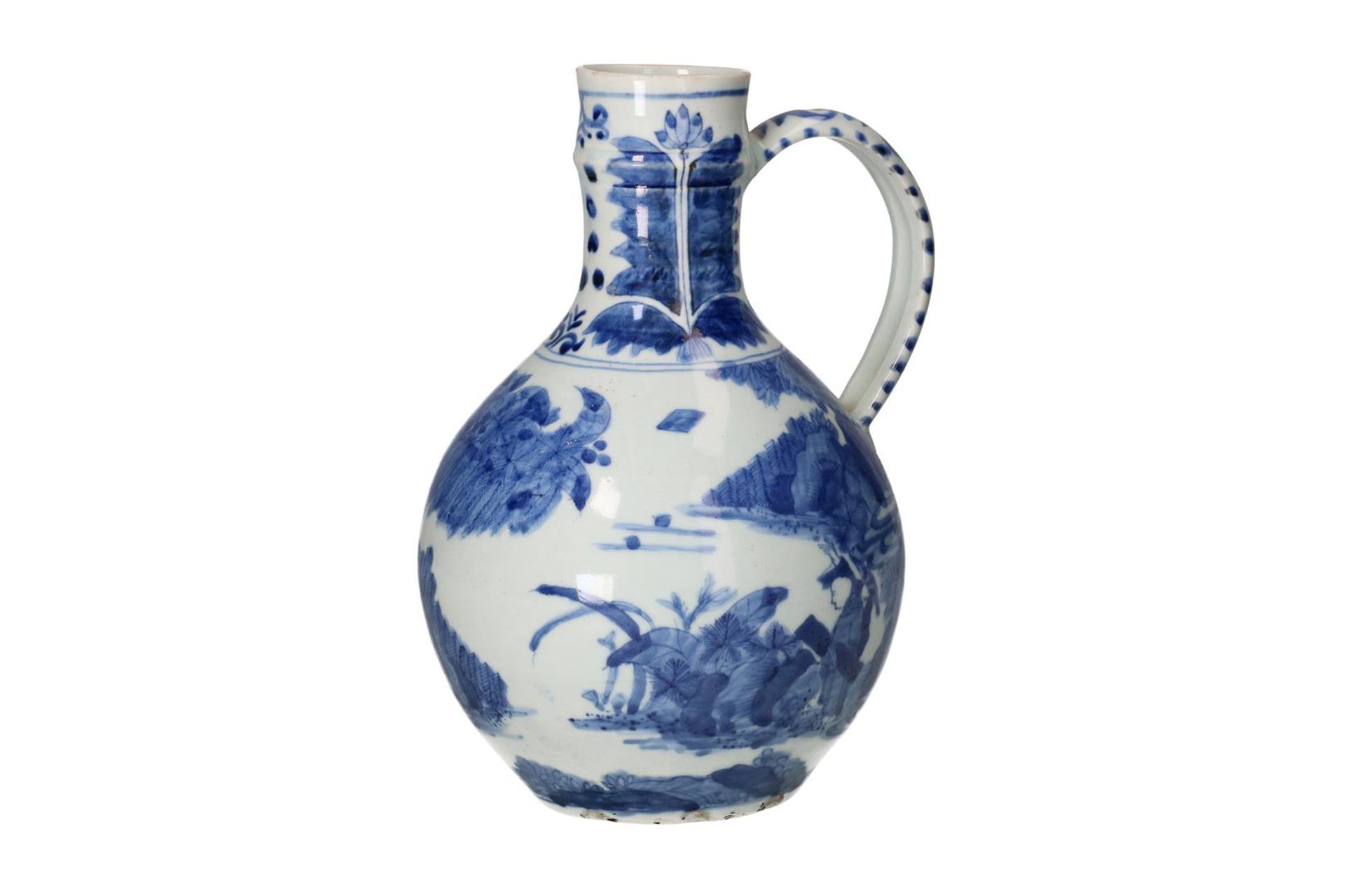 A pair of blue and white porcelain jugs with handle, decorated with figures on the waterfront. - Image 8 of 11