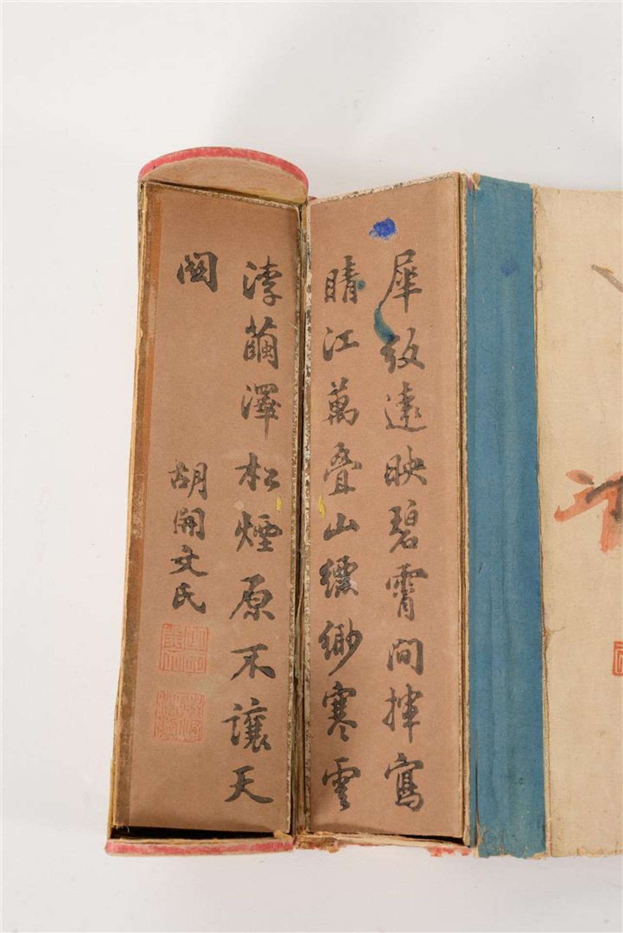 A scroll depicting a bird on a branch, unrolling the scroll it reveals a stamp case with colored ink - Image 2 of 5