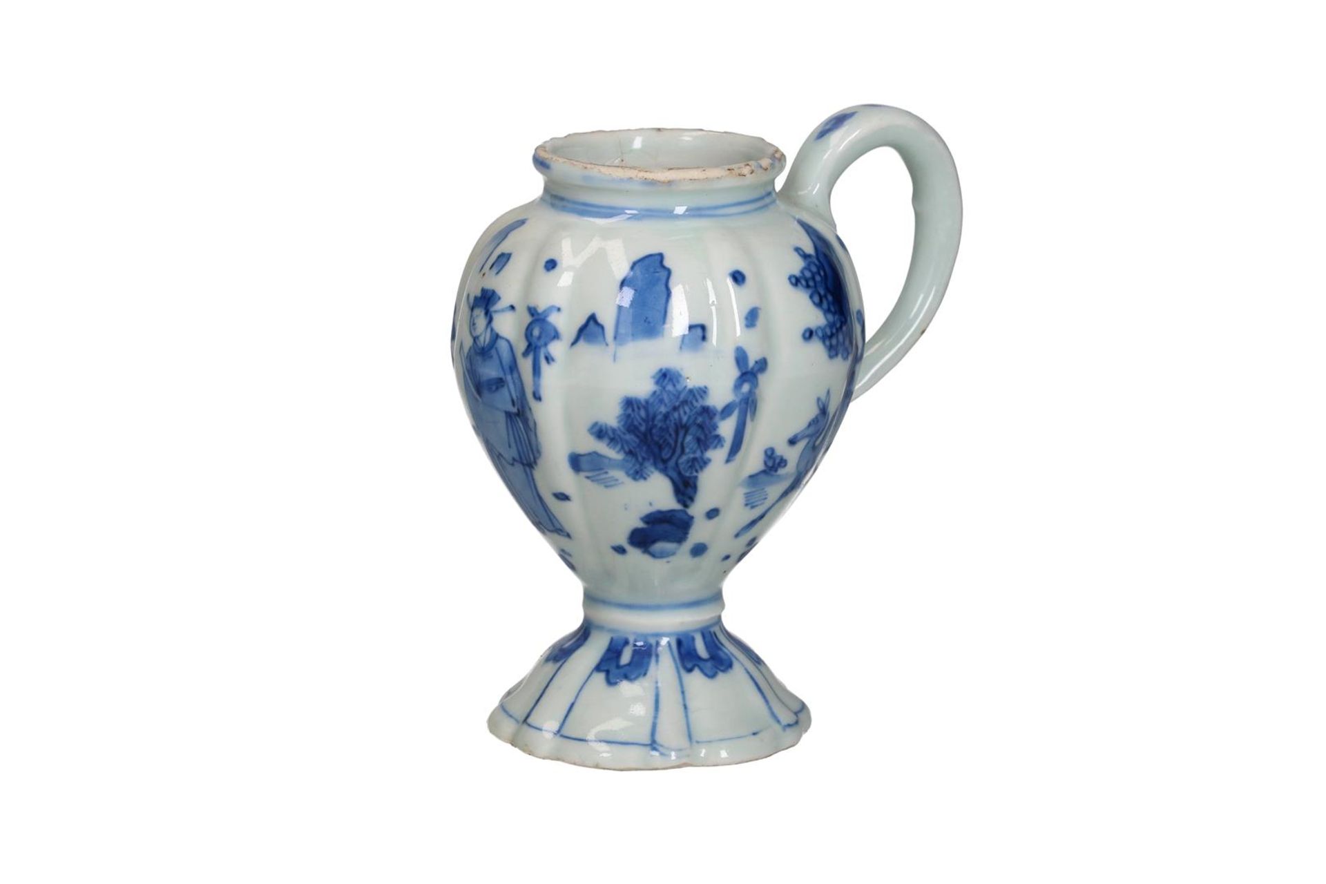 A blue and white porcelain mustard jar with ear, decorated with an outdoor scene with servant,