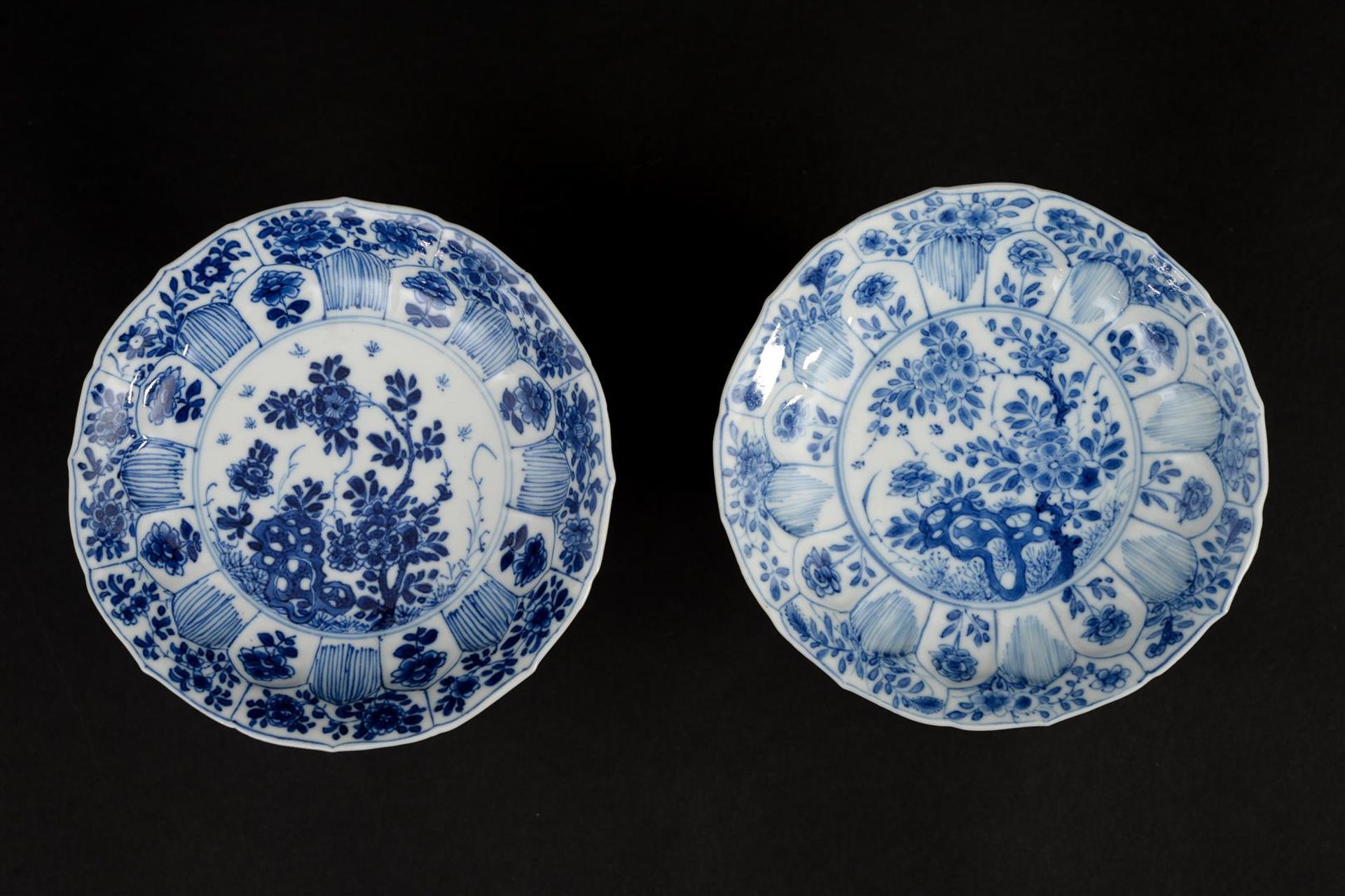 A set of six blue and white porcelain cups and saucers with a decoration of lotus in relief and a - Image 4 of 8