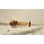 Paul, Gustave Robinet (1845-1932) 'Snowy landscape with ox cart and figure', signed twice, lower