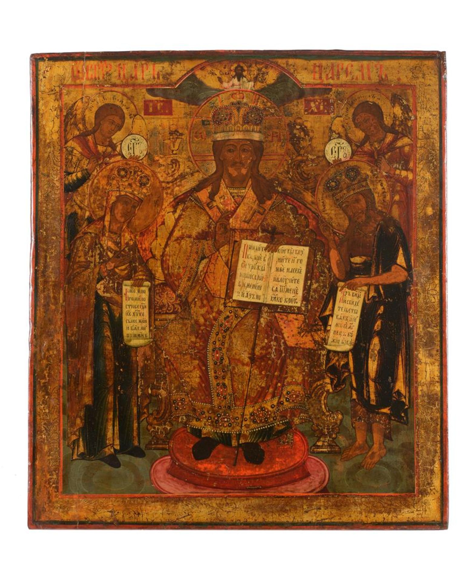 An icon, depicting the crowned Christ flanked by Mary and John and two archangels. Romania, ca.