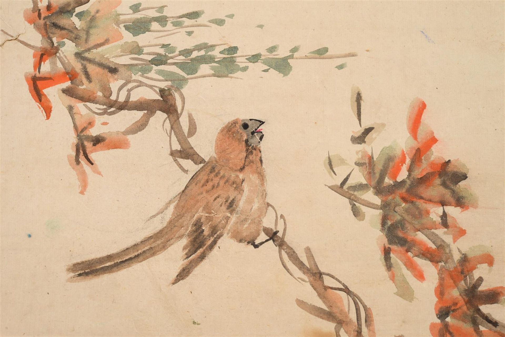 A scroll depicting a bird on a branch, unrolling the scroll it reveals a stamp case with colored ink - Image 3 of 5