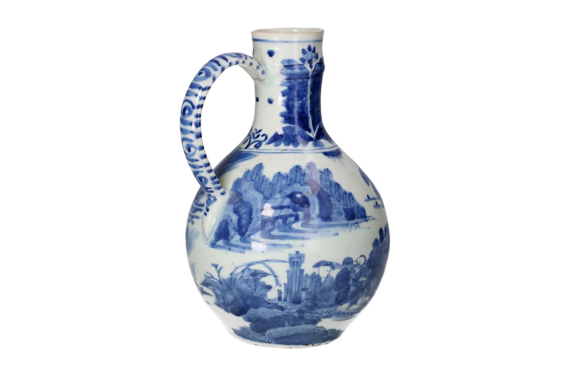 A pair of blue and white porcelain jugs with handle, decorated with figures on the waterfront. - Image 9 of 11