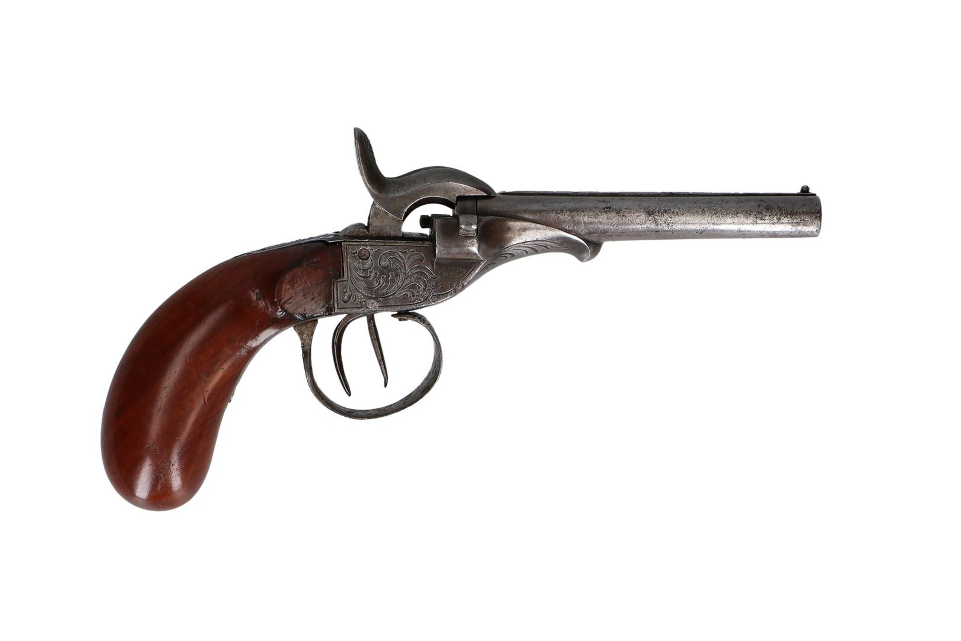 A pinfire side by side double barreled pistol. Boxlock frame with large size scroll engraving.