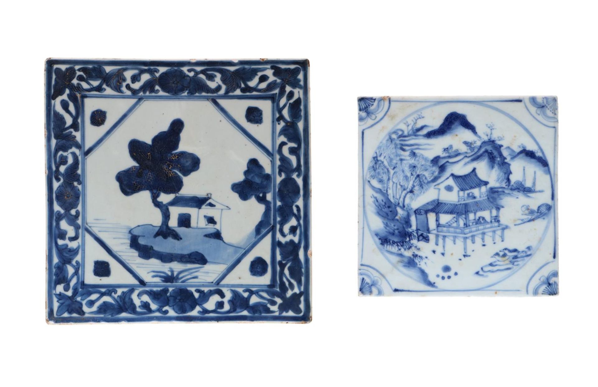 Lot of two blue and white porcelain tiles, 1) decorated with a river landscape and flowers. 2)