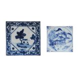 Lot of two blue and white porcelain tiles, 1) decorated with a river landscape and flowers. 2)