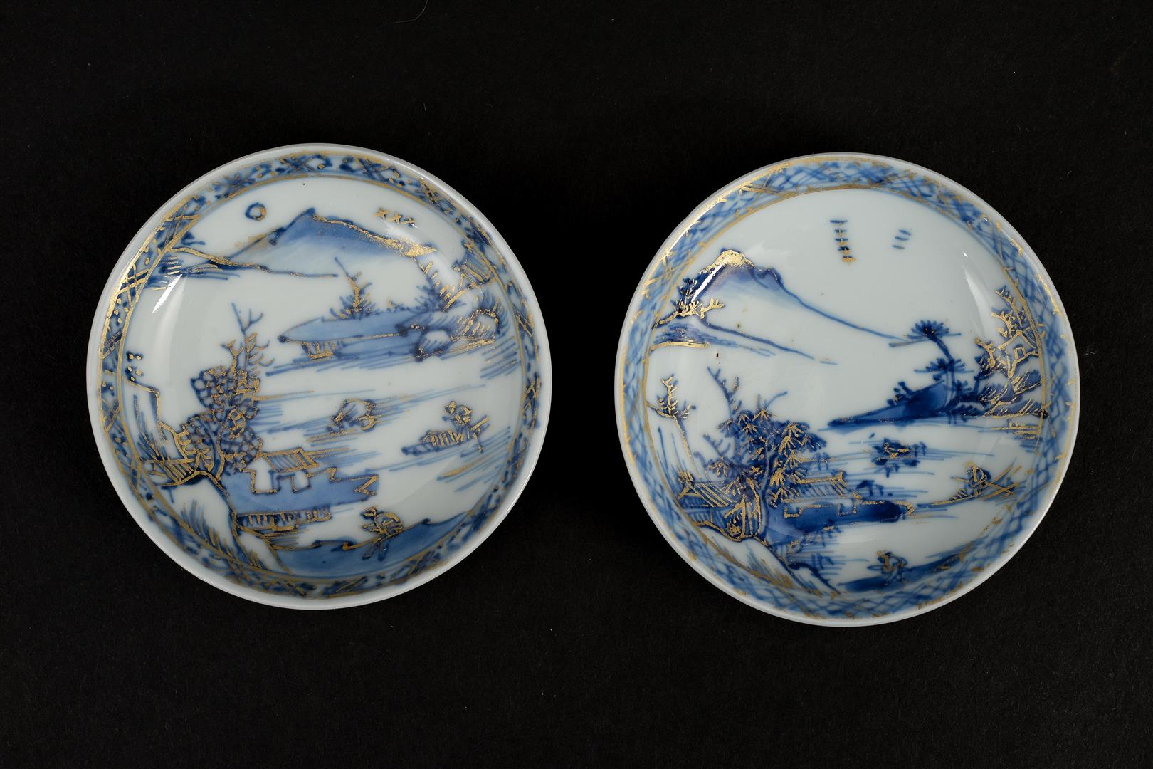 A set of five blue and white miniature porcelain cups and saucers decorated with a landscape decor - Image 3 of 6