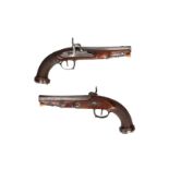 A pair of continental percussion pistols signed on the top of the octagonal barrels with crown and