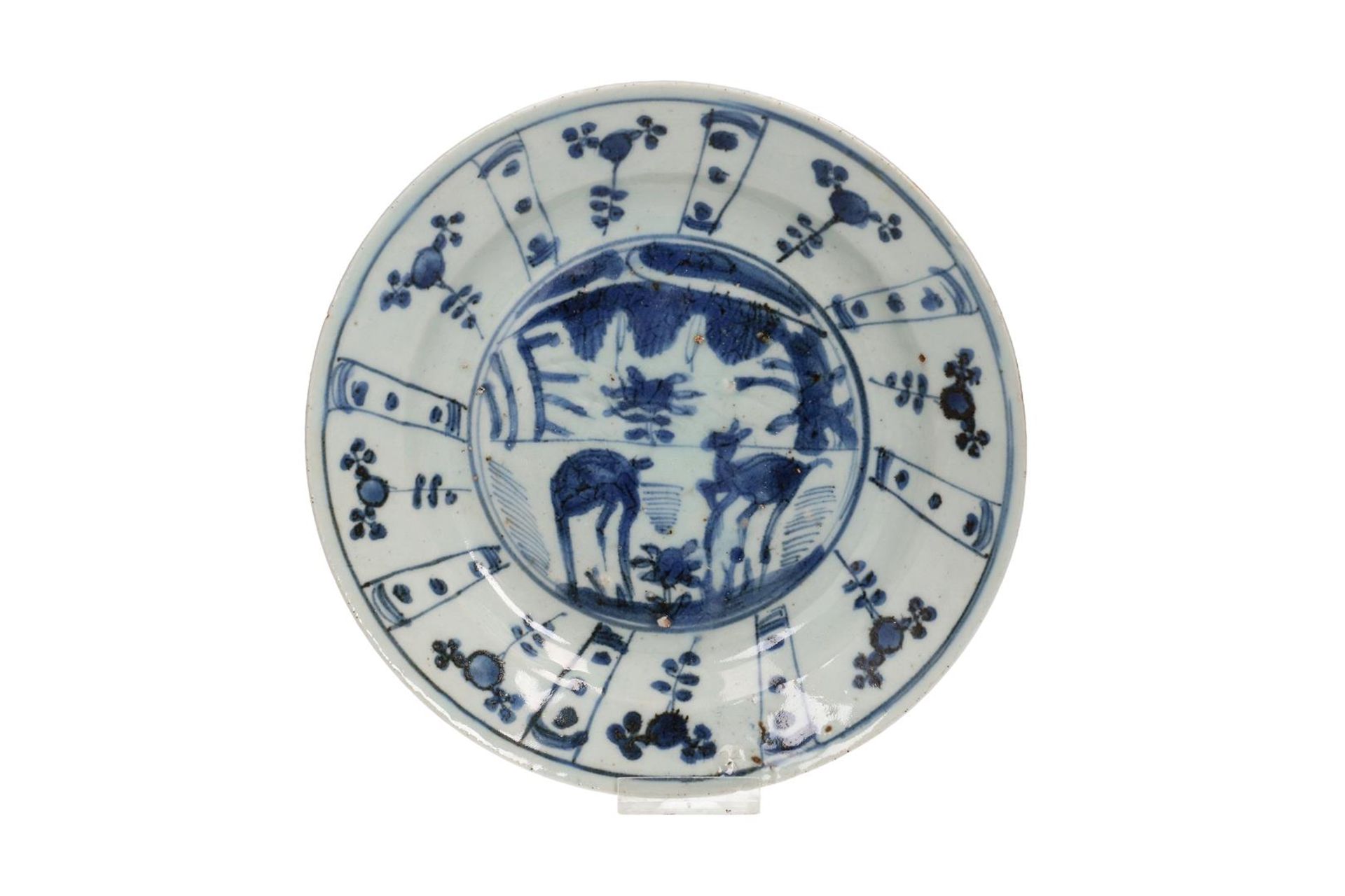 A blue and white 'kraak' porcelain dish, decorated with deer and flowers. Unmarked. China,