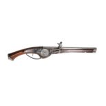 A wheellock pistol, trigger with external spring. Octagonal barrel. Walnut stock with replaced