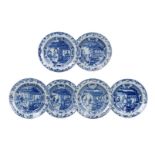 A set of six blue and white porcelain dishes, decorated with a scene of the 'Romance of the