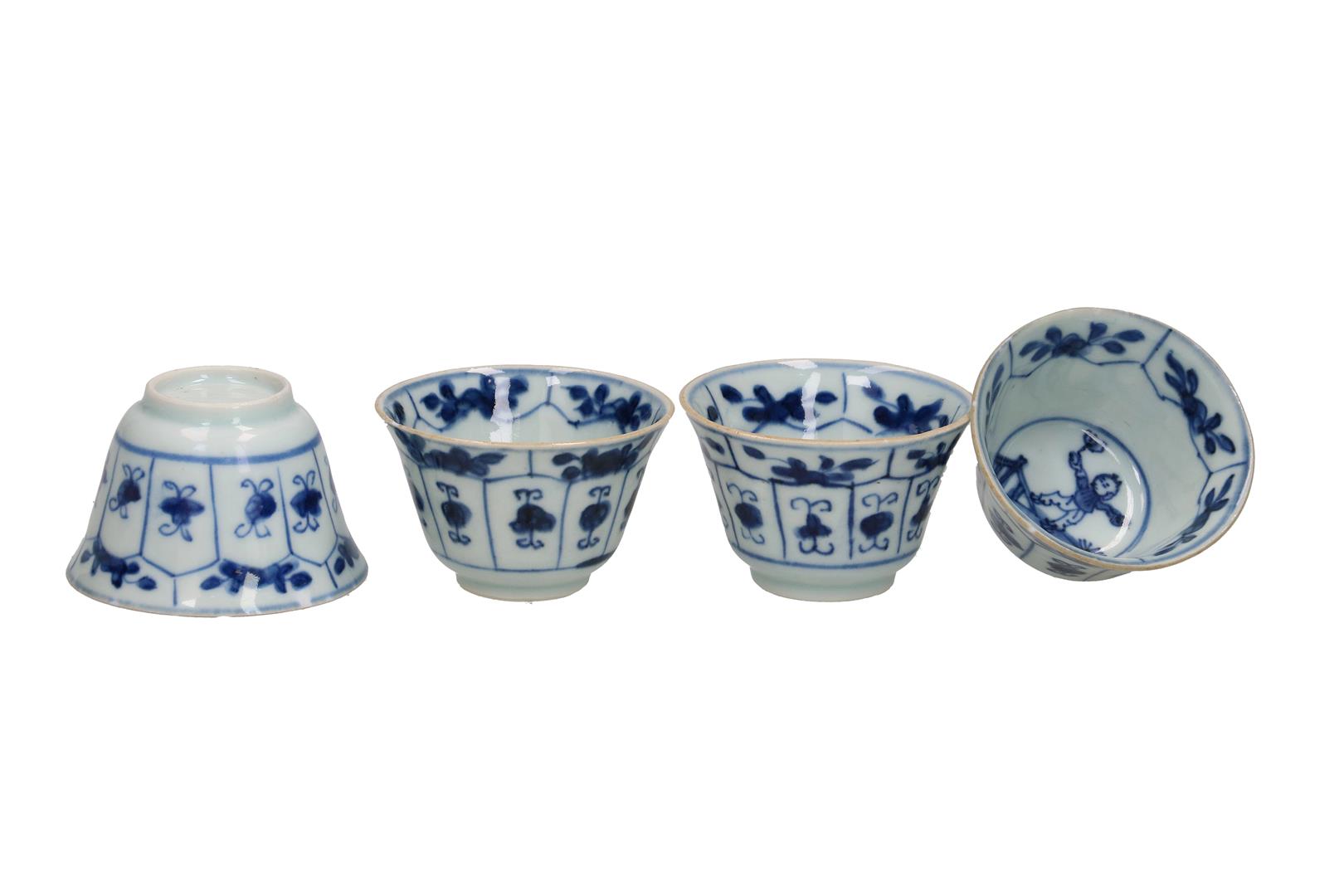 A set of nine blue and white porcelain cups and saucers decorated with a little boy with a blossom - Image 4 of 8