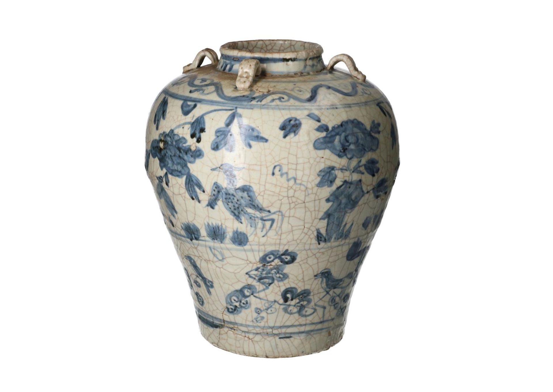 A blue and white Swatow porcelain martaban jar with four grips, decorated with flowers and - Image 3 of 6