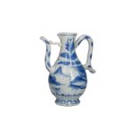 A blue and white porcelain jug with a landscape decoration. Unmarked. China, Transition. H. 20 cm.