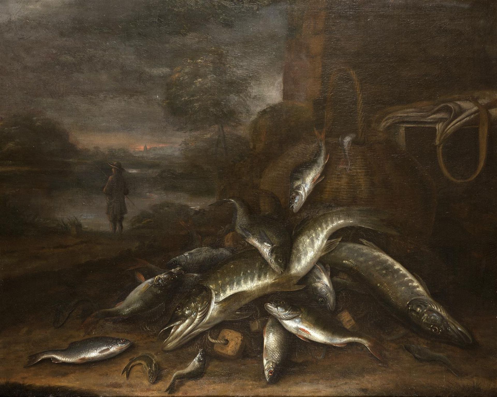 Jacob Gillig (1636-1701) 'Still life of fish in a landscape', signed lower right, canvas. H. 90