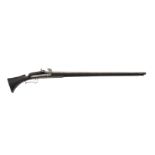 A matchlock musket. Flat lock with serpentine. Octagonal barrel. Stock of blackened wood, marked