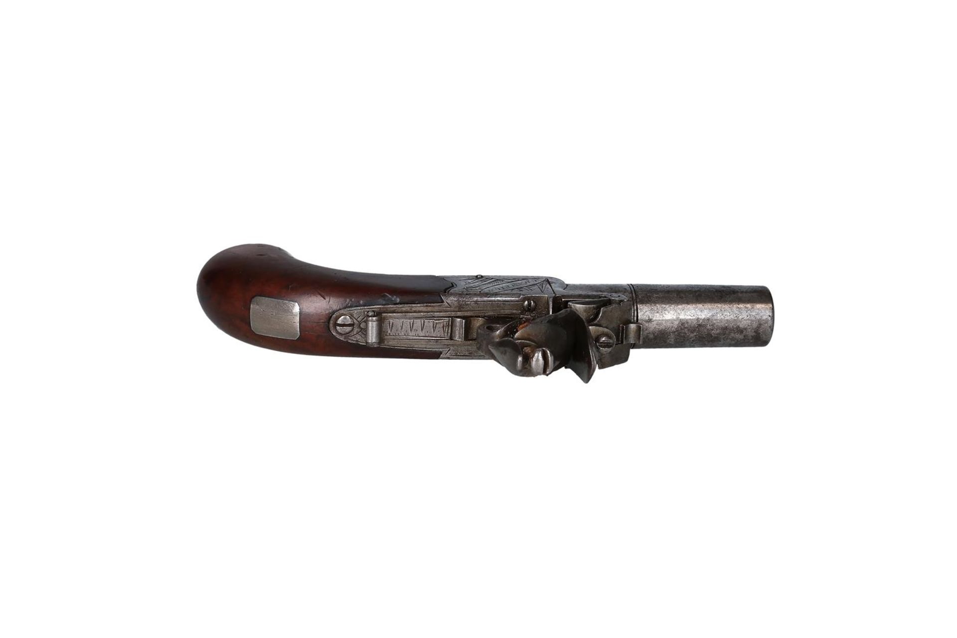 A boxlock flintlock pocket pistol with screw off barrel. Signed Champion on left side of the frame - Image 8 of 9