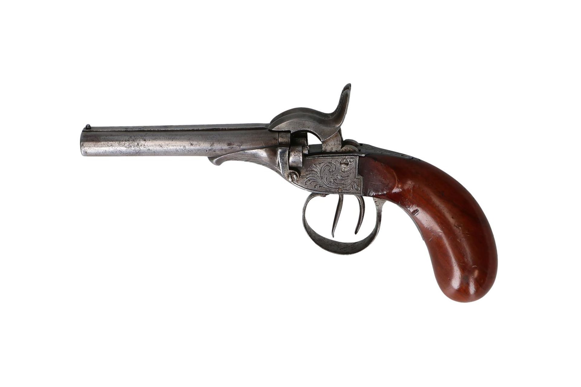 A pinfire side by side double barreled pistol. Boxlock frame with large size scroll engraving. - Image 2 of 9