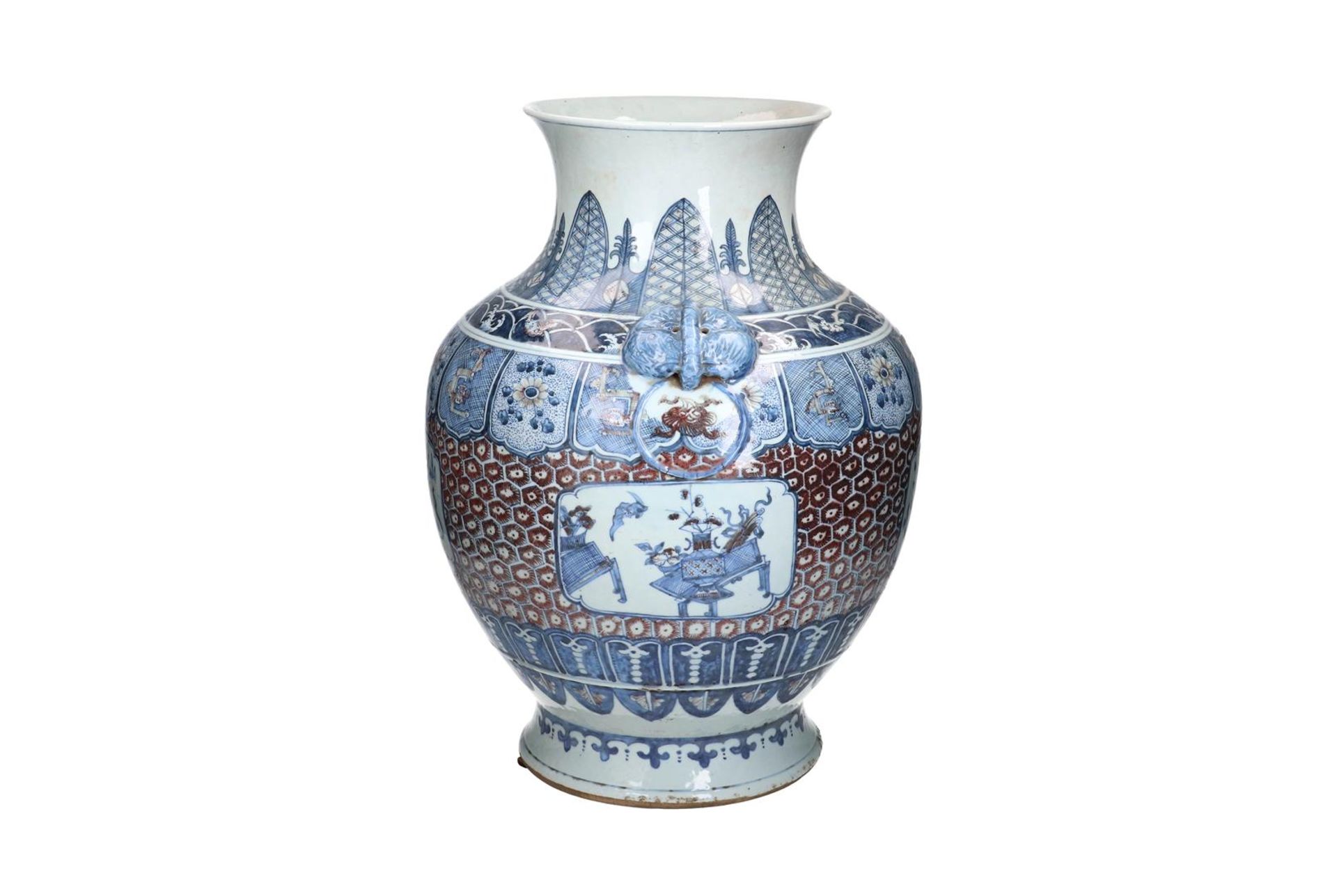 A blue and red underglazed porcelain hu vase after archaic model, with elephant shaped handles and - Image 6 of 6