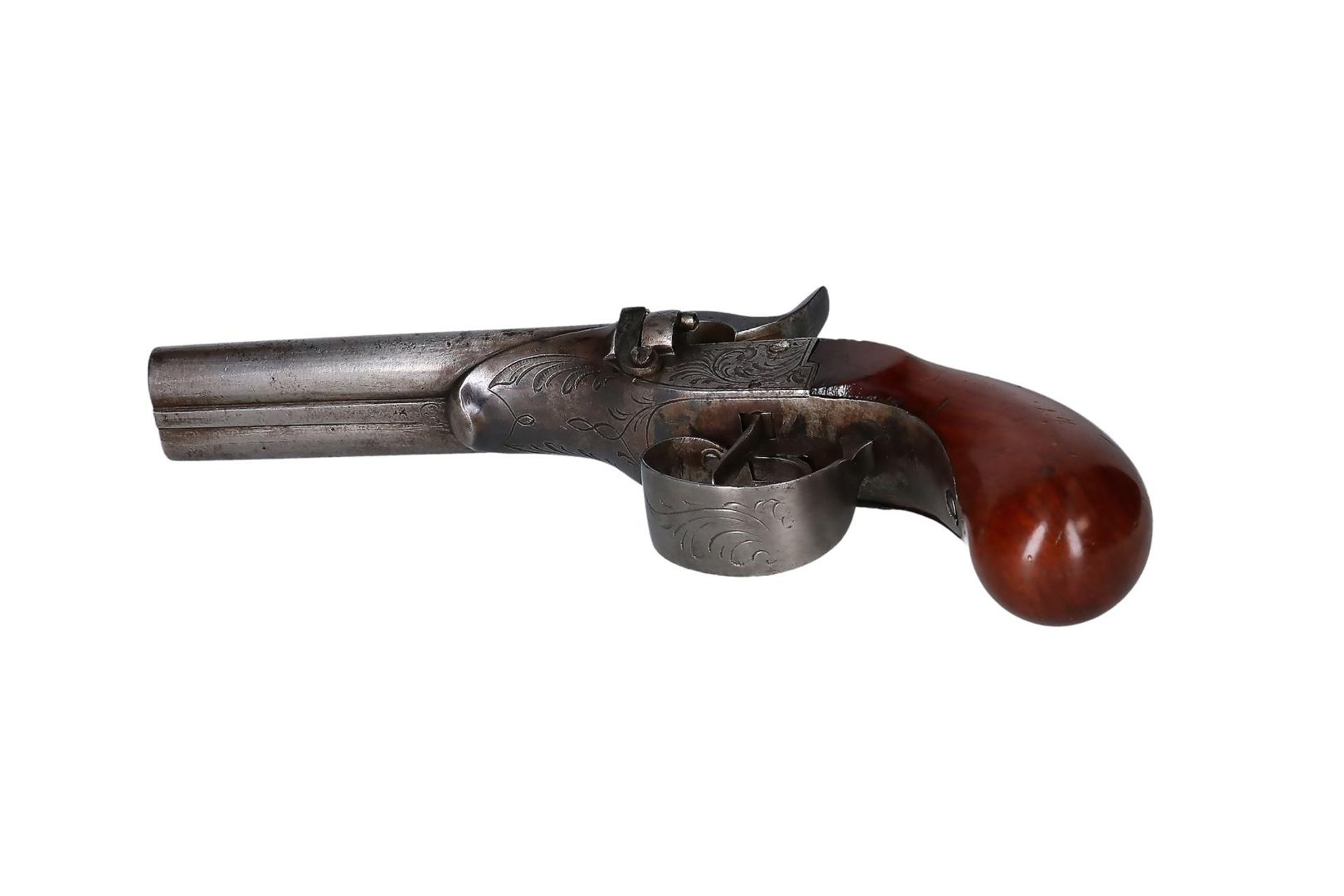 A pinfire side by side double barreled pistol. Boxlock frame with large size scroll engraving. - Image 4 of 9