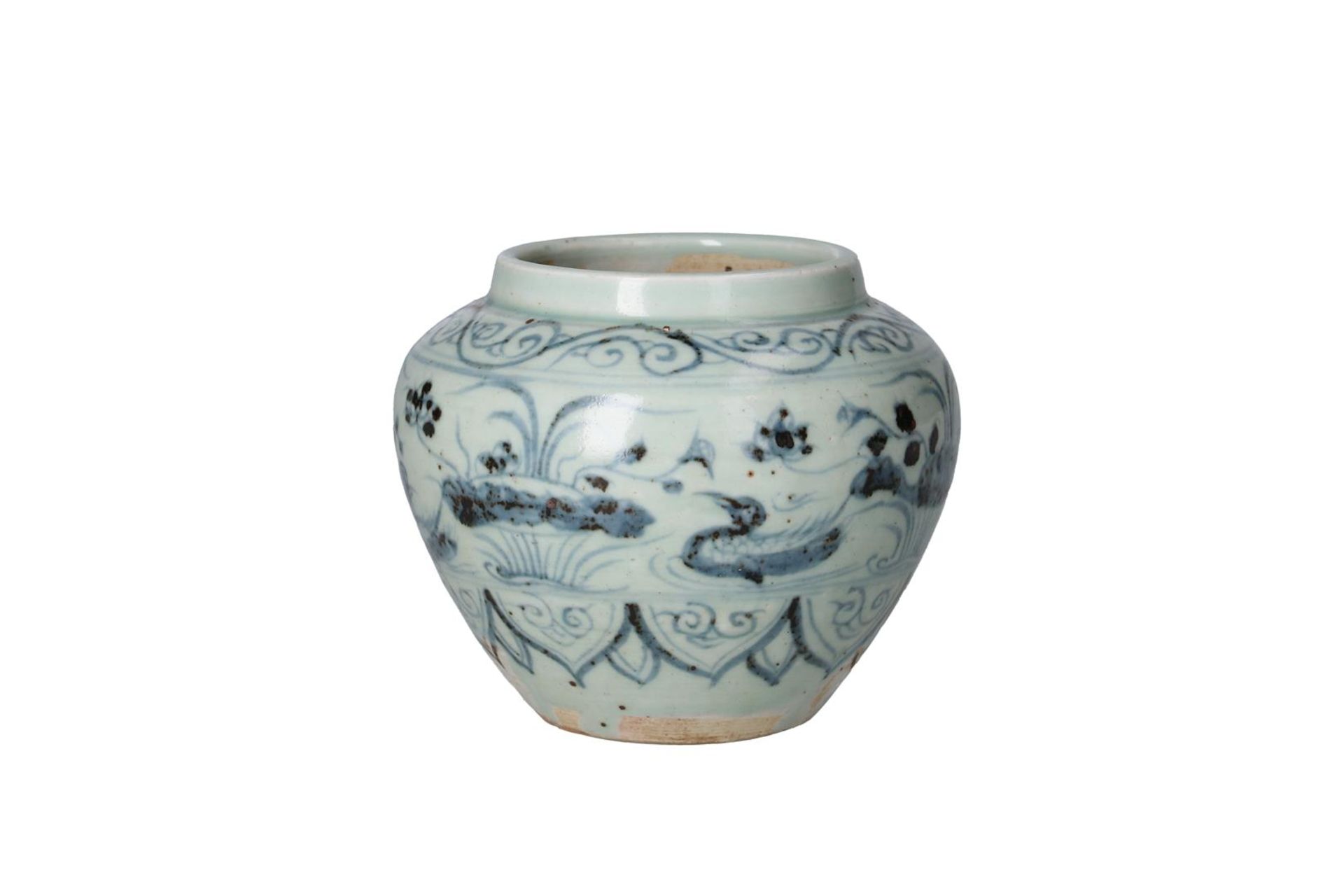 A blue and white porcelain jar, decorated with mandarin ducks and water plants. Unmarked. China,